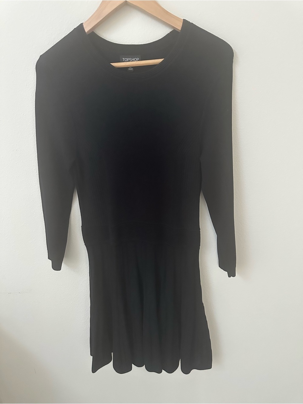 Topshop Black Long-Sleeve Ribbed Fit-and-Flare Dress